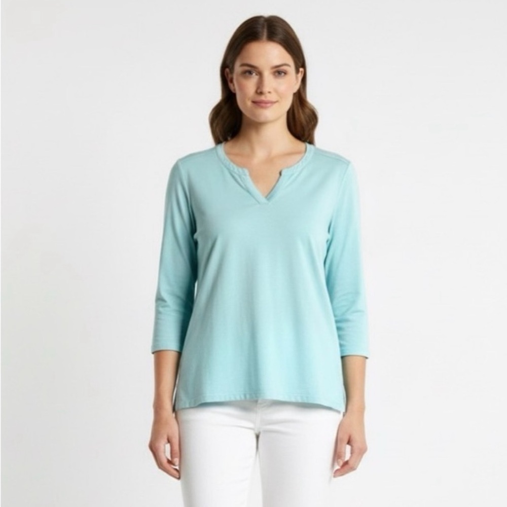 LANDS’ END Turquoise Split Vee Neck Tee 100% Cotton MADE IN PERU Sz M